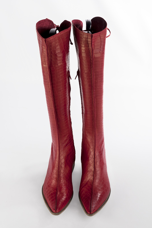 Scarlet red women's knee-high boots, with laces at the back. Tapered toe. Low leather soles. Made to measure. Top view - Florence KOOIJMAN